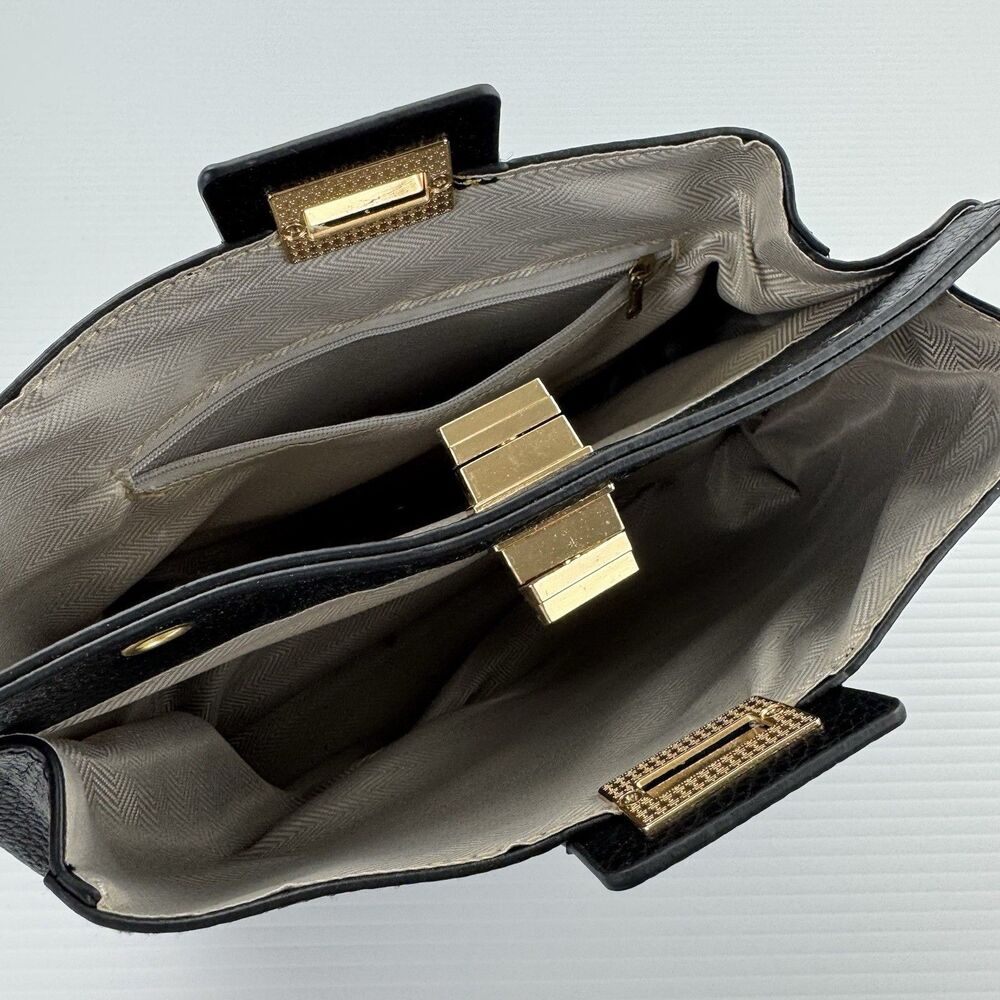 Black Faux Leather Top Handle Crossbody Bag Gold Turn Lock Purse - Picture 4 of 10